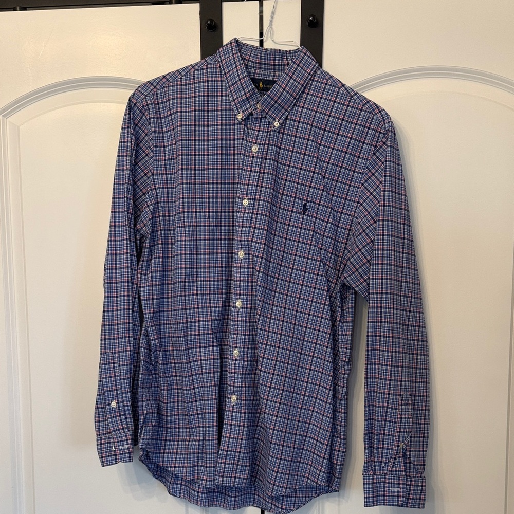 Polo Ralph Lauren Men's Blue and Red Plaid Shirt - Slim Fit, 100% Cotton Stretch